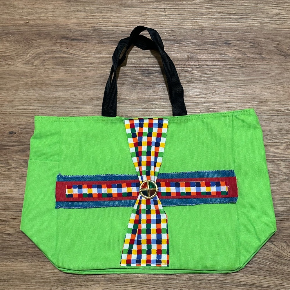 Reusable Canvas Tote Bag - Green Multicolor Cross with Pendant
